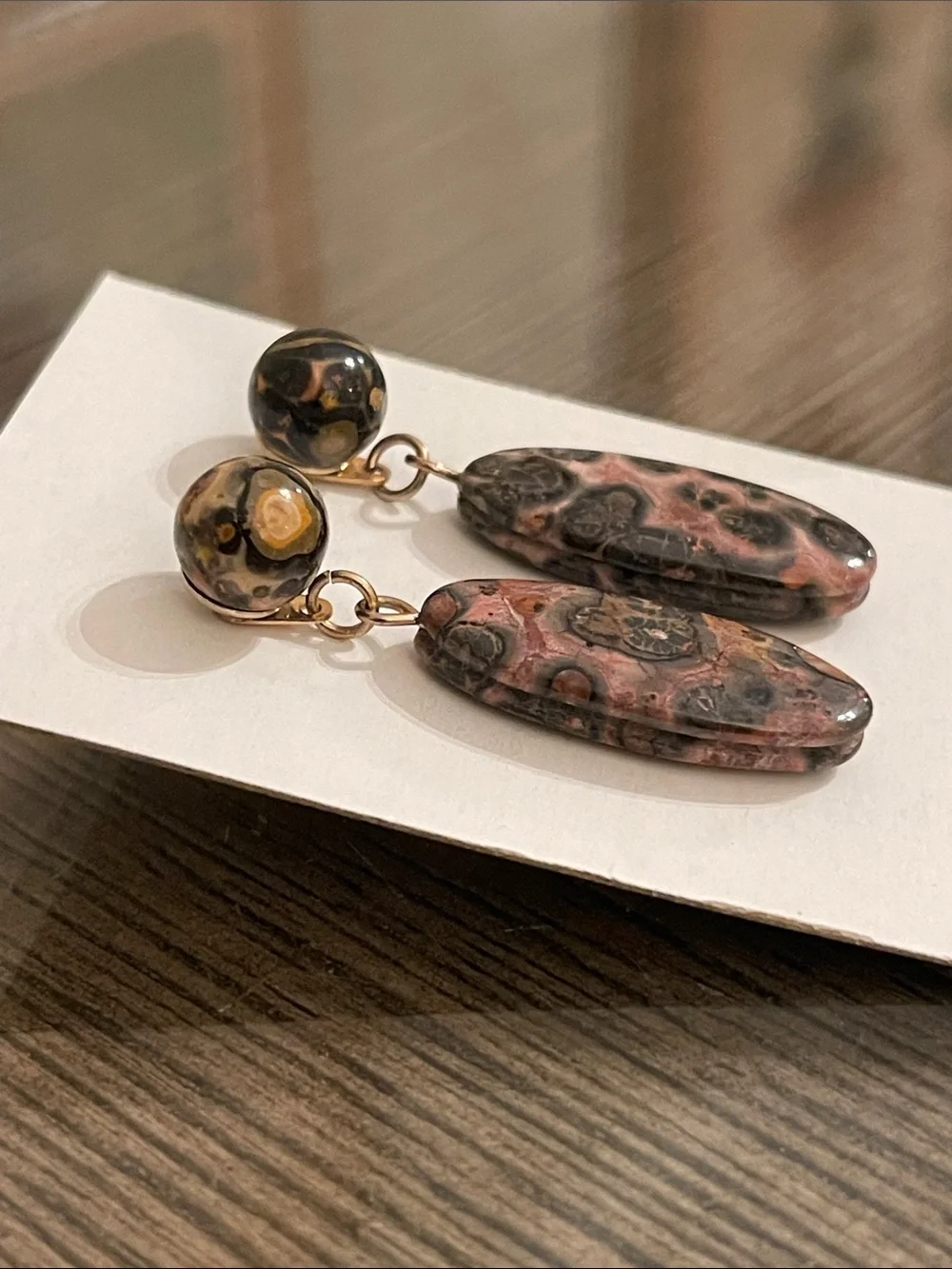 Vintage Leopard Skin Jasper Oval Dangle Drop Earrings Ball/Post Convertible